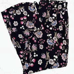 LOFT womens 100% viscose black floral elastic waist pants w/pockets size‎ Medium